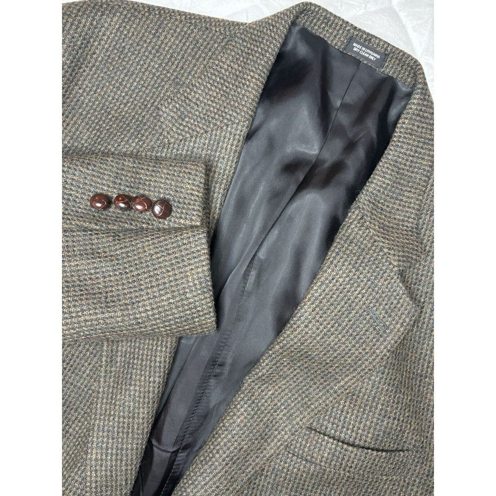 Robert Stock 100% Wool Sport Coat Blazer‎ 46L Nailshead Houndstooth Brown